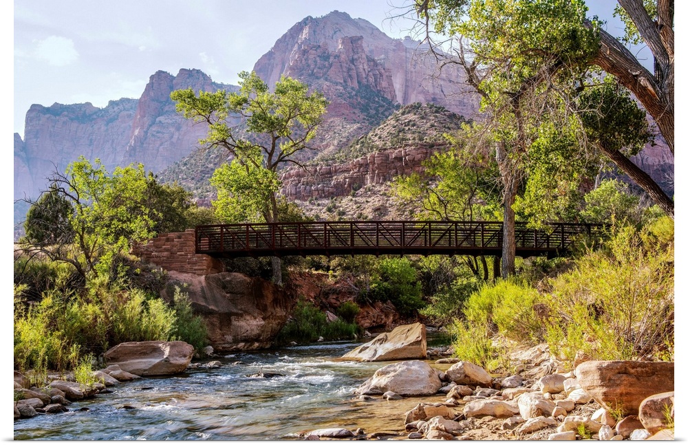 View of a Pa'rus trail bridge over Virgin River in Zion National Park, Utah.