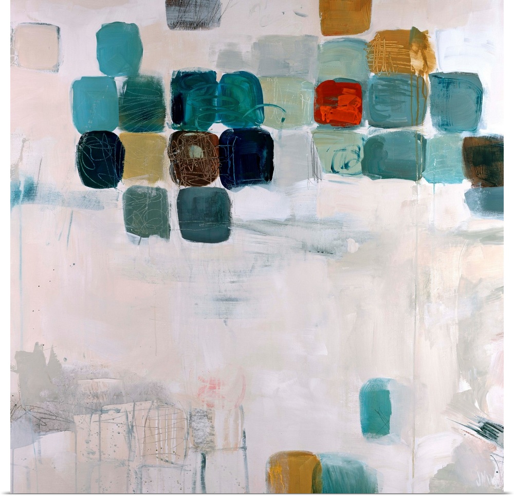 Large abstract art incorporates a muted toned background with patches of evenly sized squares sprinkled over the canvas.
