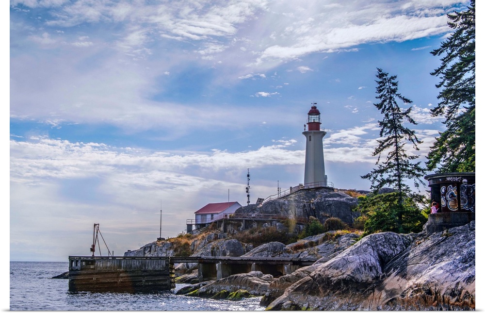 View of Point Atkinson Lighthouse and blue skies in Vancouver, British Columbia, Canada.