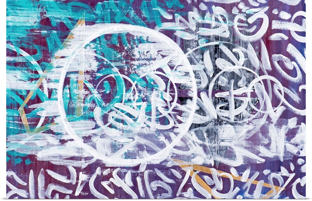 Urban abstract painting in teal and purple covered in white symbols.