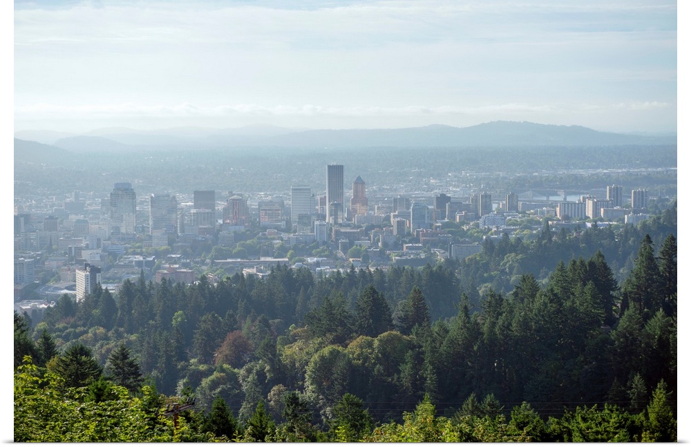 View of a hazy Portland city skyline, Oregon