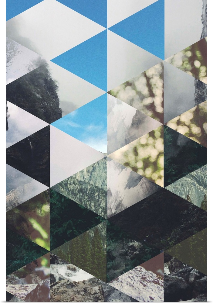 Geometric triangular shapes against a background of different forest images.