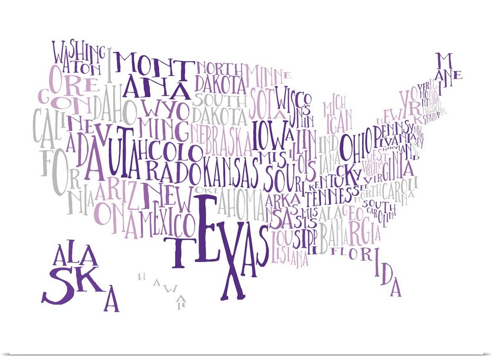 A hand-drawn typography map of the United States with all the state names, in purple and grey.