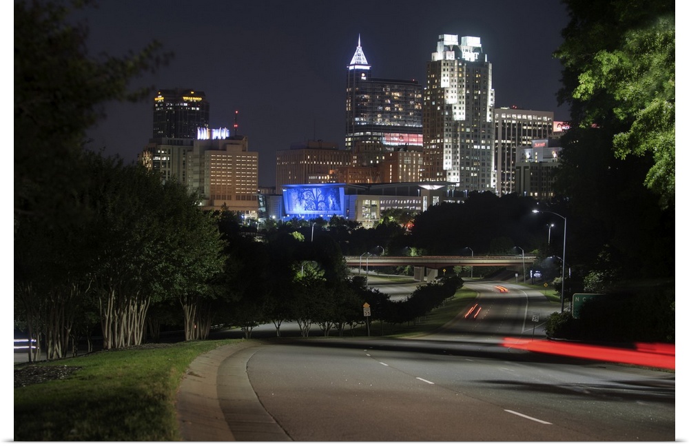 Skyscrapers in Raleigh illuminated at night, seen from McDowell Street, North Carolina.