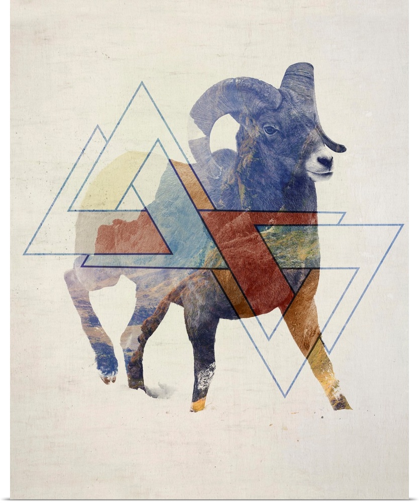 Double exposure artwork of a bighorn sheep ram and mountains with triangular shapes.