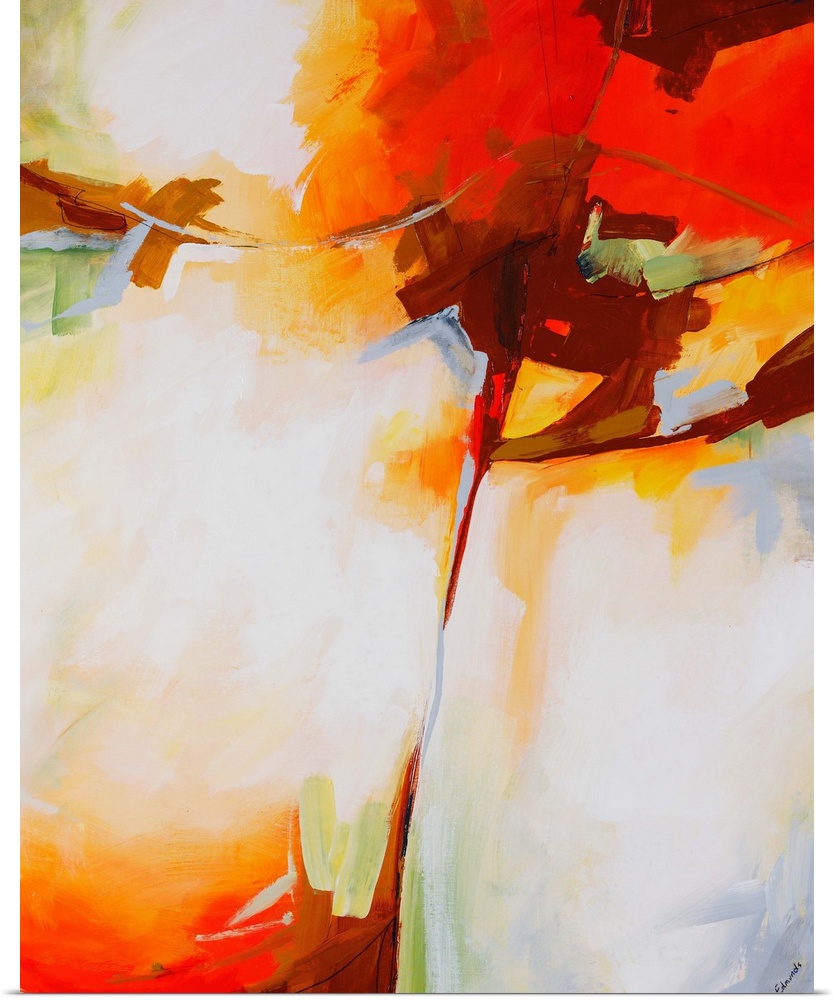 Abstract painting done with muted, pastel colors and pops of bright orange-red.
