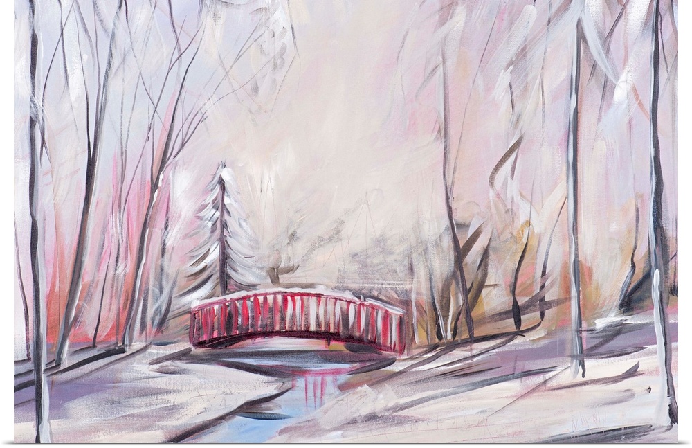 Contemporary painting of a forest in the winter with a small red bridge over a creek.