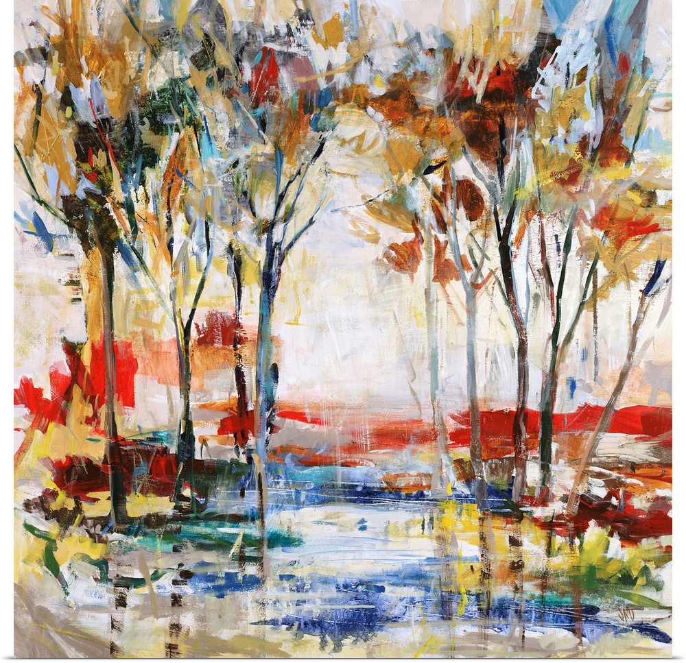 Contemporary painting of a grove of vibrant trees, surrounded by a multicolored playful landscape.