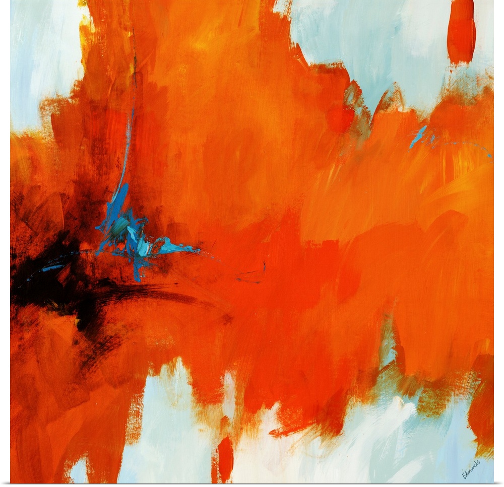 Contemporary painting on a square canvas of an abstract vision involving intense, hot color retreating from a dark center.