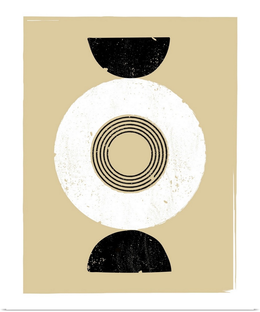 A circular, geometric image in a retro style in neutral colors.