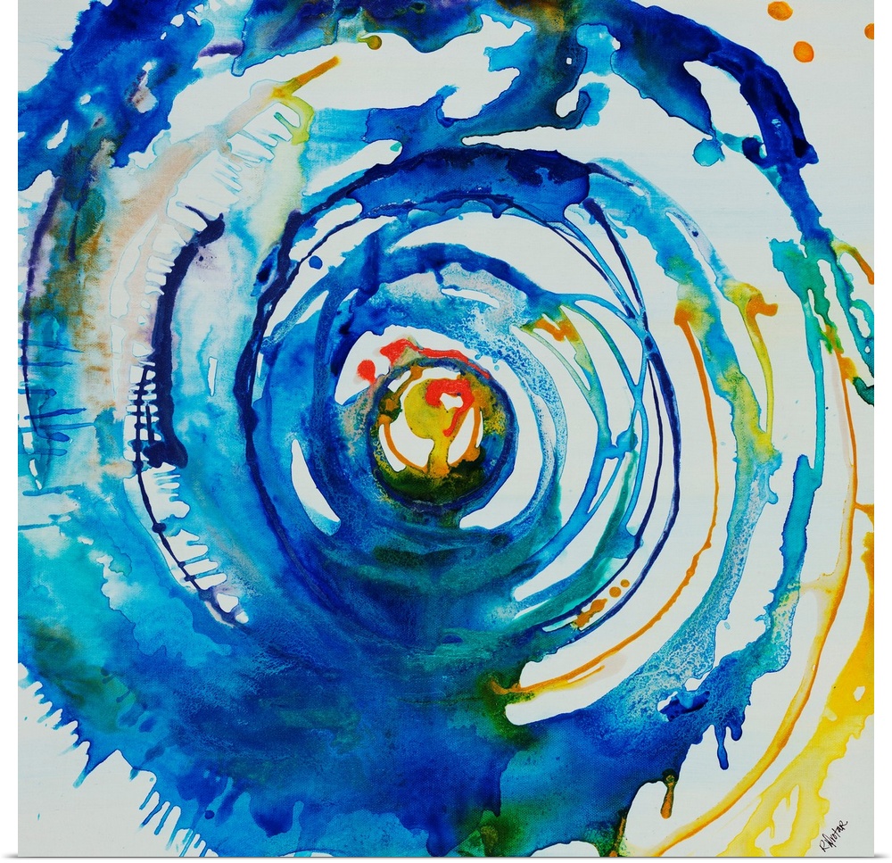 Contemporary painting of a multicolored swirl of spattered paint that gives the appearance of moving through a vortex towa...