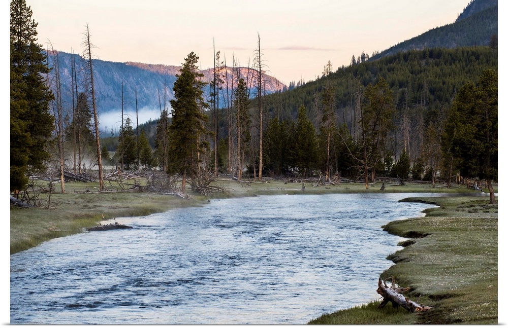 River flowing along the mountains in Yellowstone National Park in Wyoming.