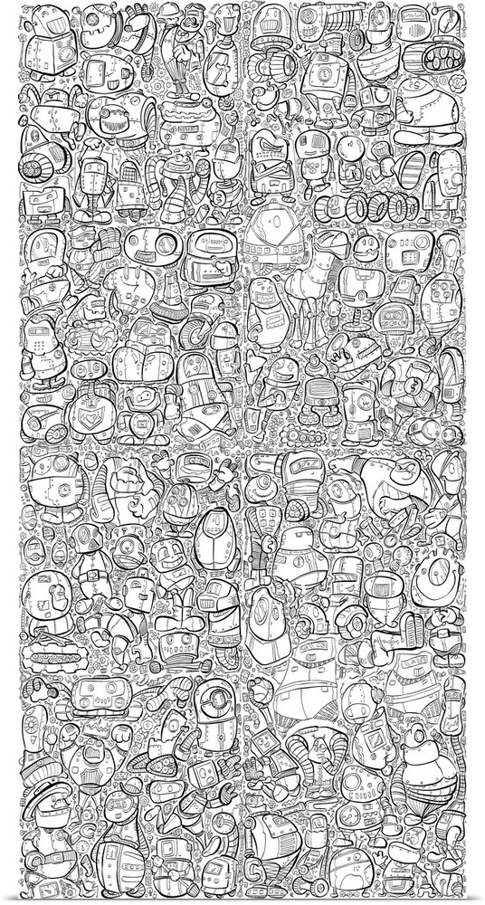 Fun coloring page packed full of interesting and funny robot characters.