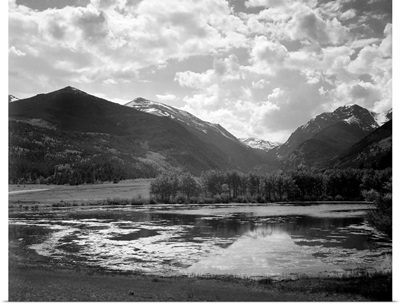 Rocky Mountain National Park, Lake And Trees In Foreground, Mountains And Clouds