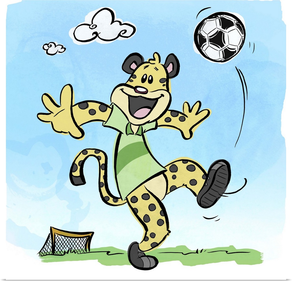 Fun cartoon artwork of a spotted cheetah kicking a soccer ball into the air.