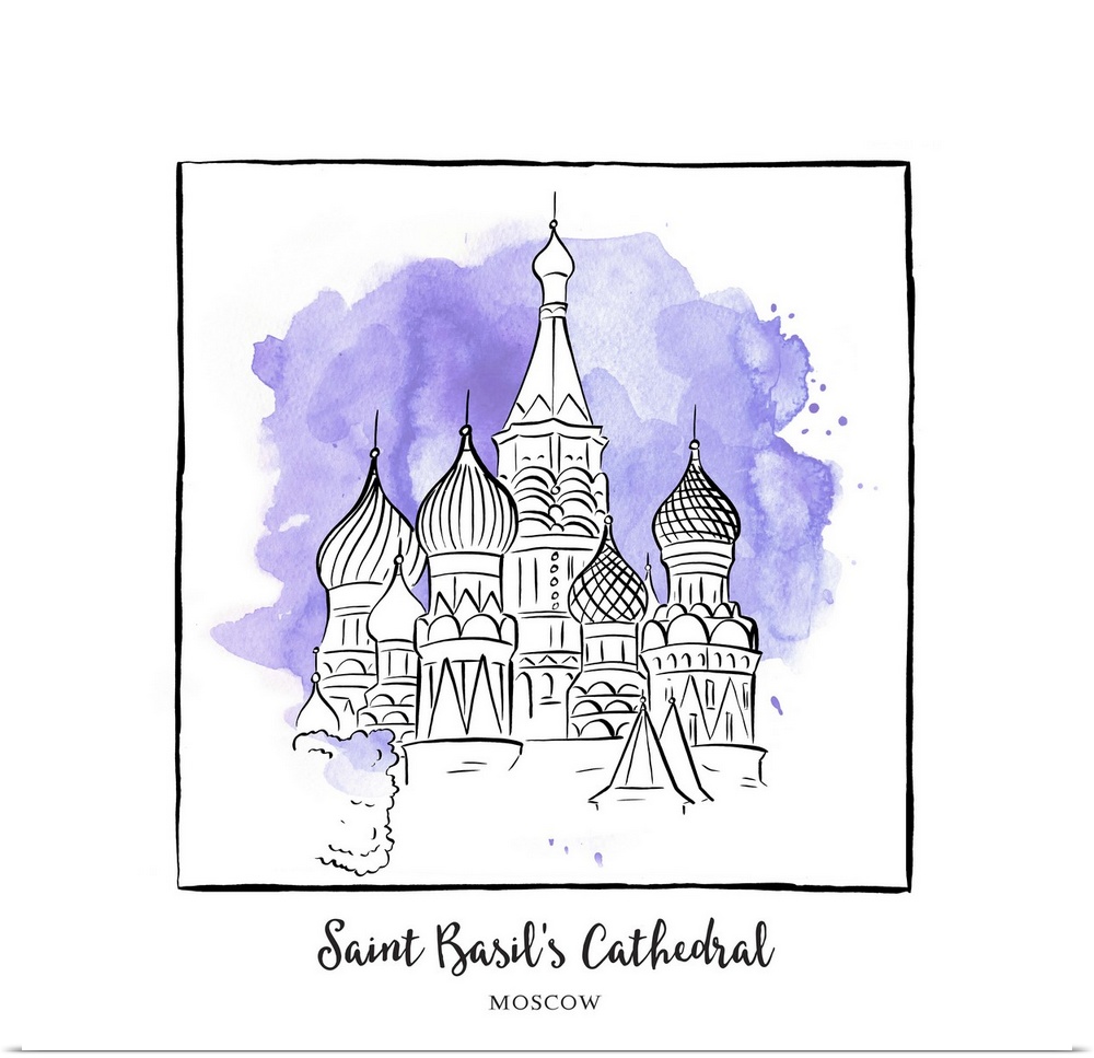 An ink illustration of Saint Basil's Cathedral in Moscow, Russia, with a violet watercolor wash.
