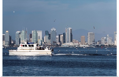 San Diego, California Skyline with Fishing Boat and Seagulls