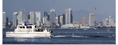 San Diego, California Skyline with Fishing Boat and Seagulls - Panoramic