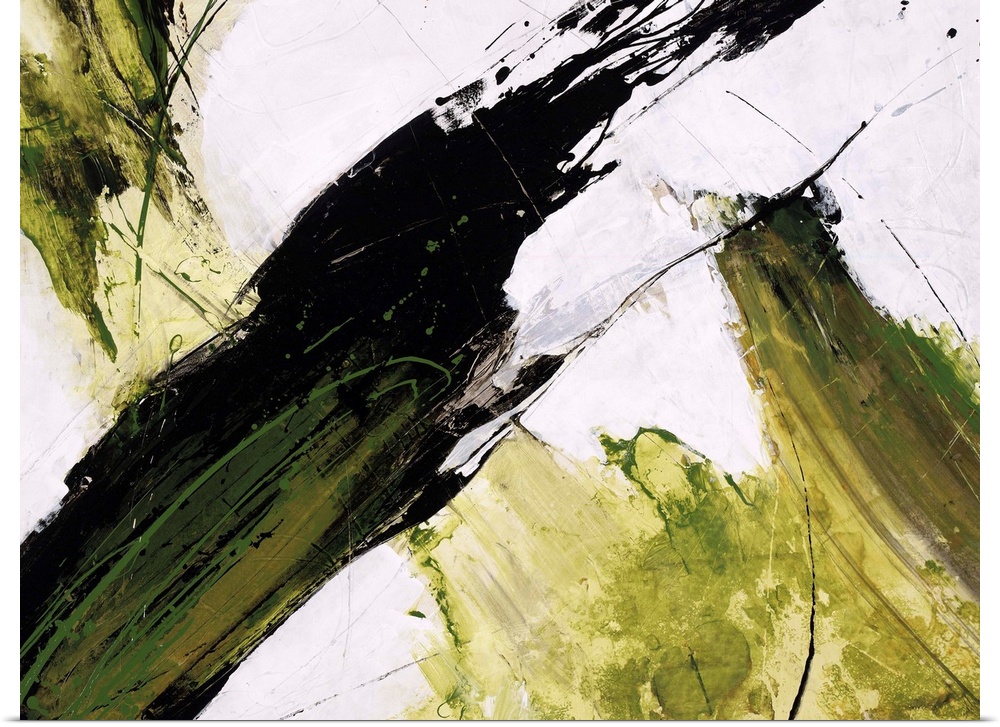Abstract painting of dark and light green paint slashing across a neutral background.