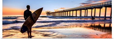 Scripps Pier and Surfer Silhouette at Sunset, La Jolla, San Diego- Panoramic