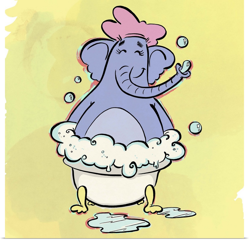Cute cartoon art of an elephant in a bubble bath.