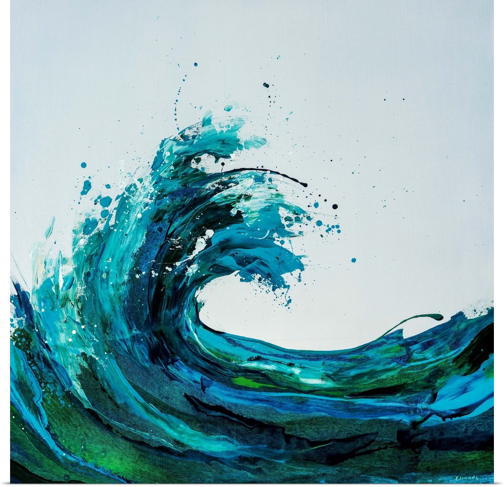 Contemporary square painting of an energetic wave done in various shades of blue and green.