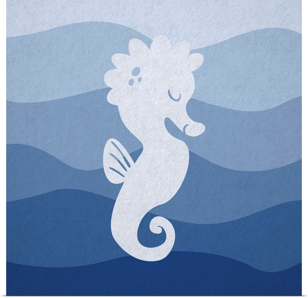 Nursery art of a seahorse swimming in blue waves.