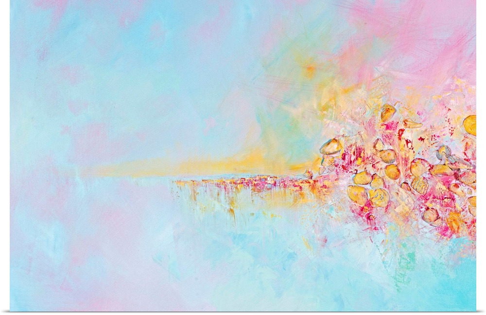 Contemporary mixed media abstract painting in pastel shades of pink, yellow, and turquoise, embellished with seashells.