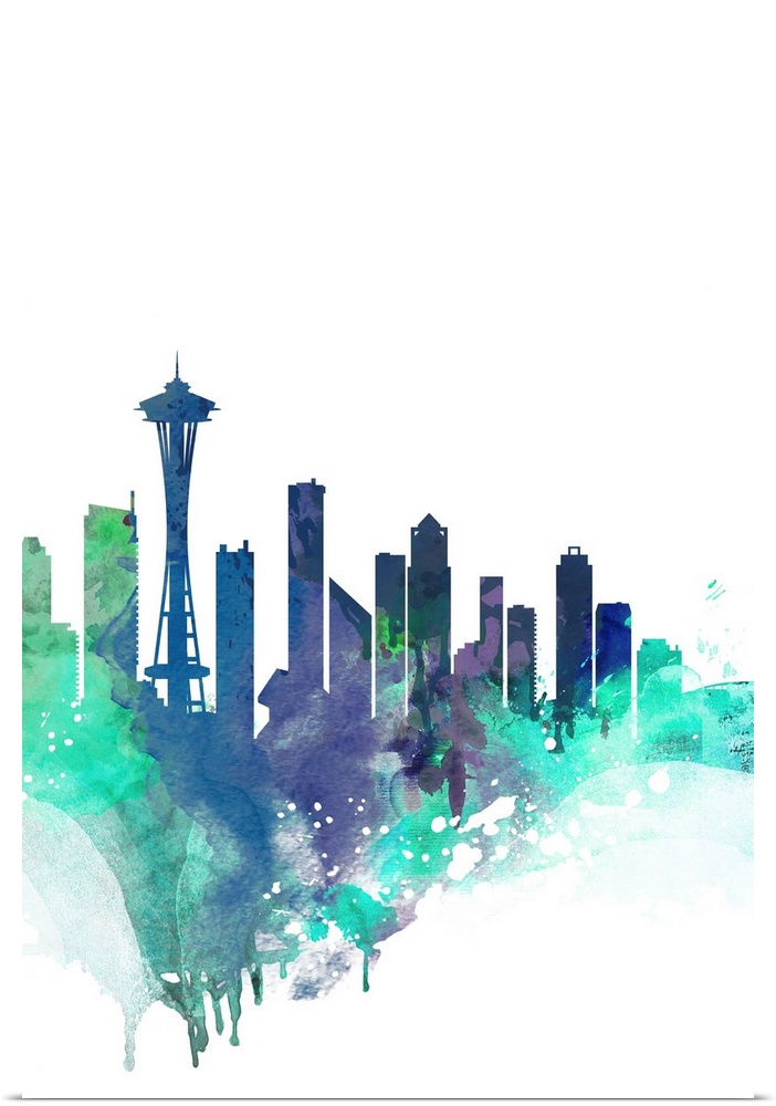 The Seattle city skyline in colorful watercolor splashes.