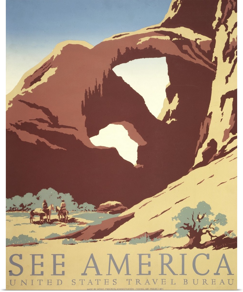 See America. Poster for the United States Travel Bureau promoting tourism, showing two cowboys on horseback by stream near...