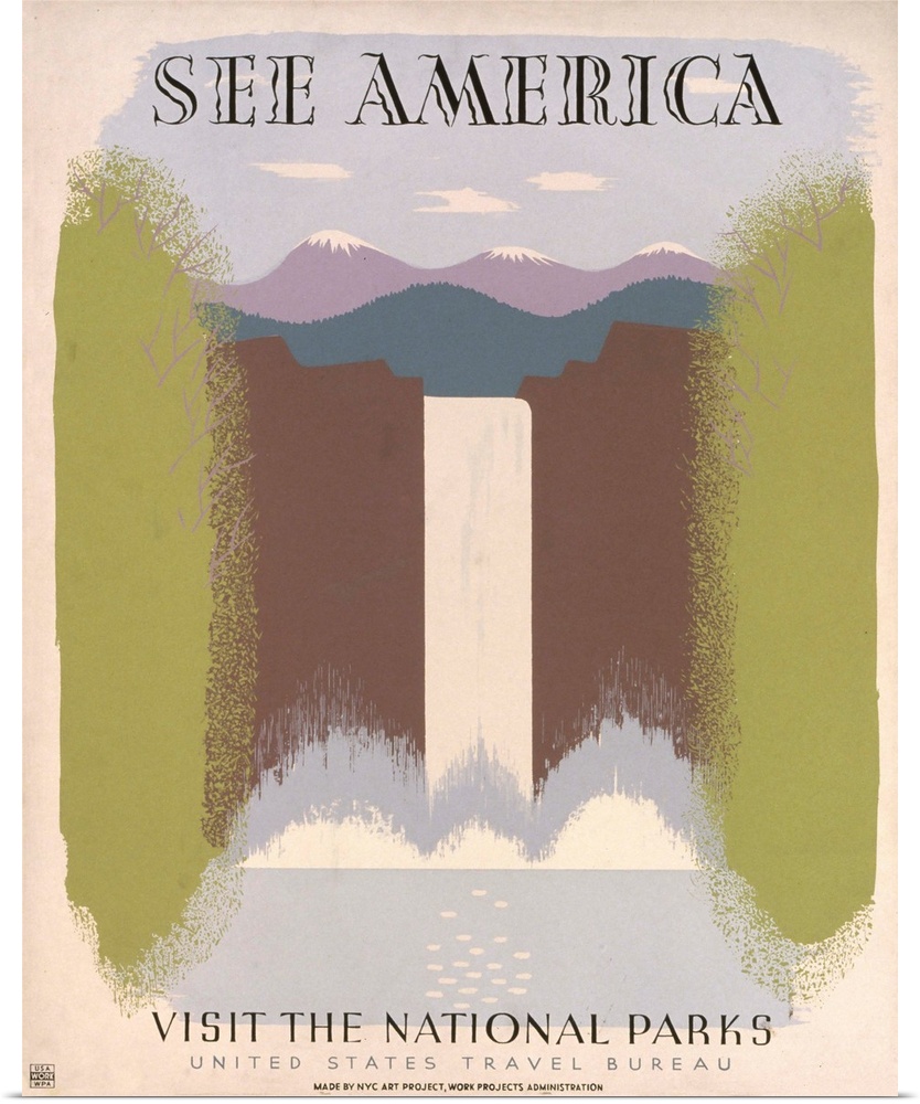See America, visit the national parks. Poster for United States Travel Bureau promoting travel to national parks, showing ...