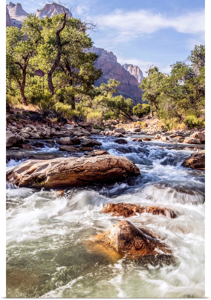 View of the shallow rapids of Virgin River in Zion National Park.