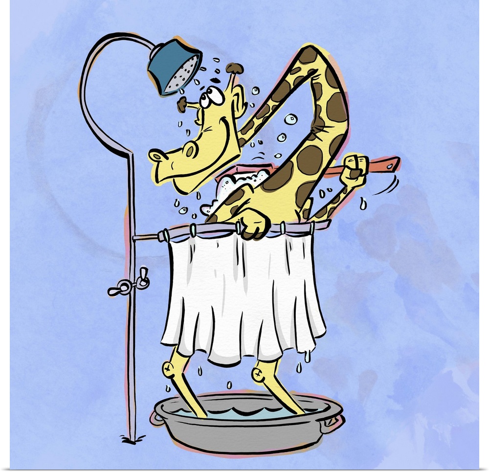 Cute cartoon art of a giraffe taking a shower.