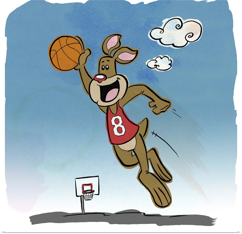 Fun cartoon artwork of a kangaroo leaping into the air with a basketball.