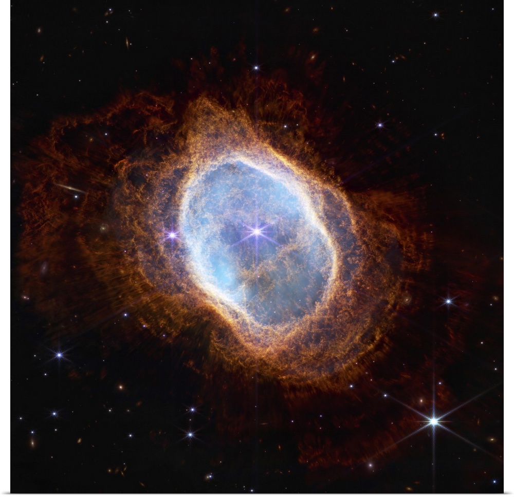 The bright star at the center of NGC 3132, while prominent when viewed by NASA's Webb Telescope in near-infrared light, pl...