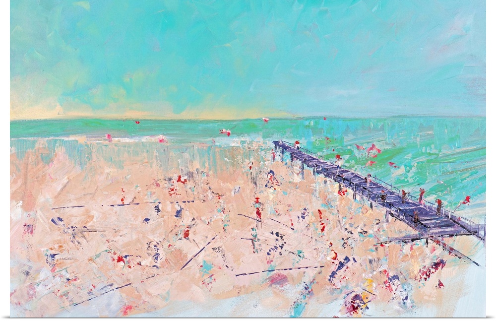 Contemporary artwork of a beach scene with a pier stretching into the ocean.