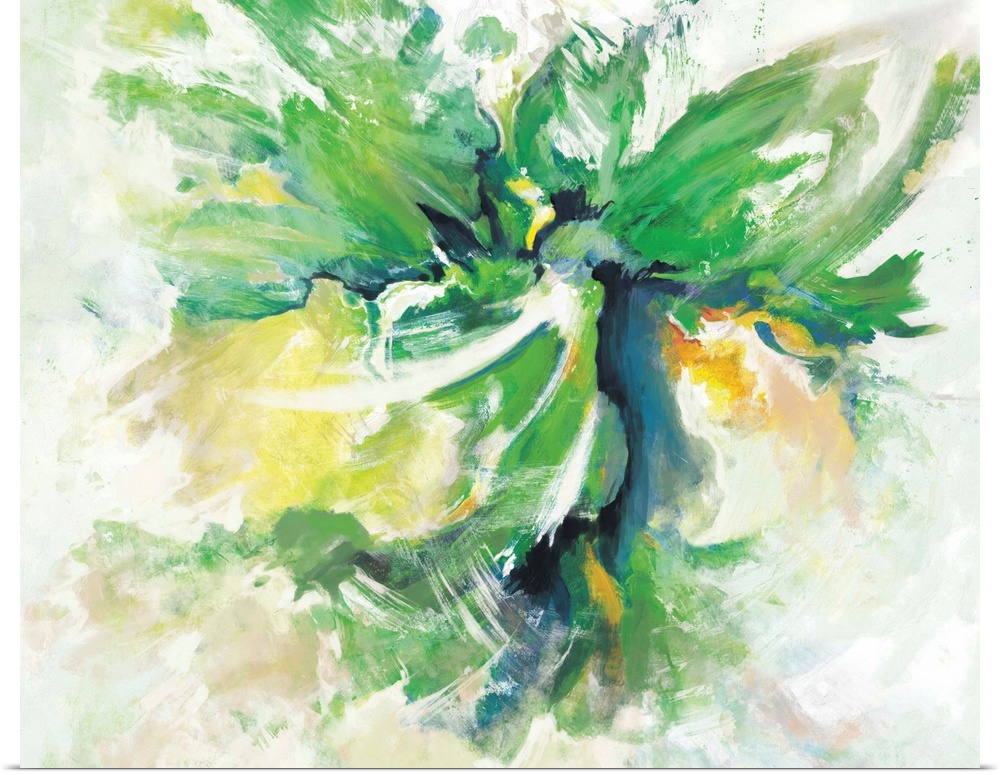 A contemporary abstract painting using multiple tones of green in an explosive fashion.