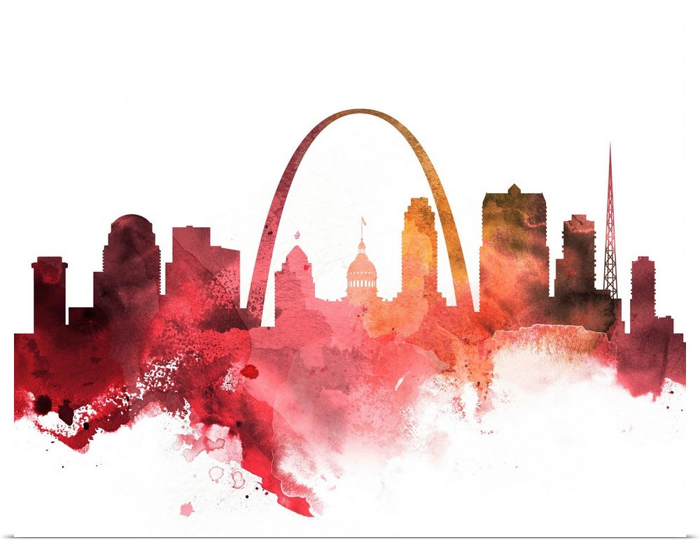The St. Louis city skyline in colorful watercolor splashes.