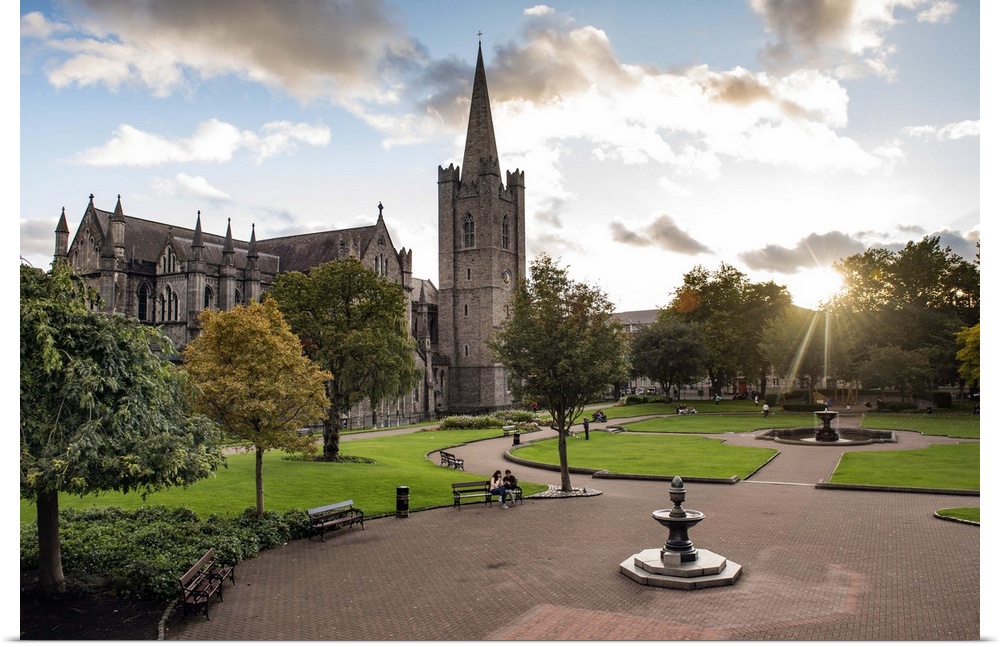 Photograph of St Patrick's Cathedral in Dublin, Ireland, with a courtyard in the foreground.
