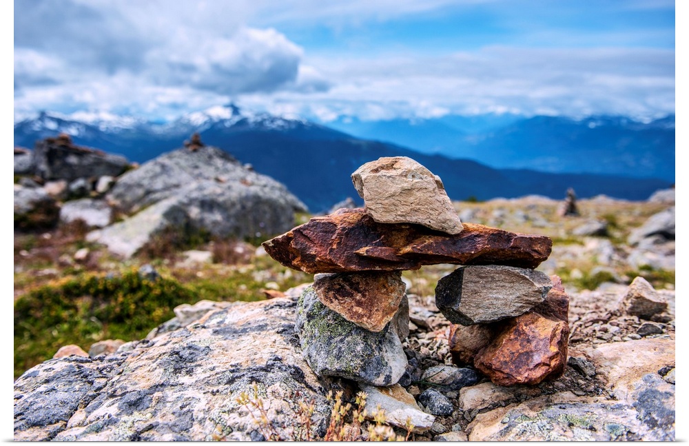 Stacked stones near High Note Trail on Whistler Mountain in British Columbia, Canada.