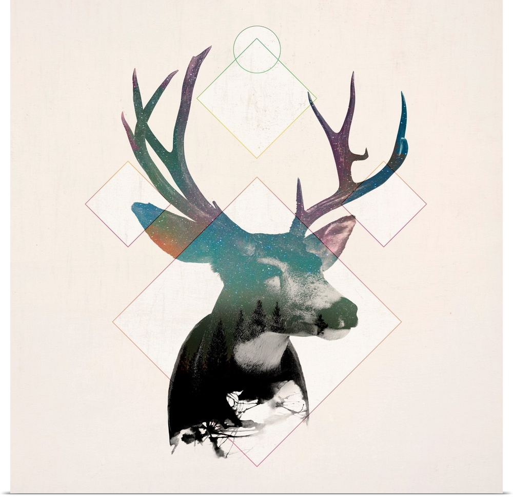 Double exposure artwork of a deer portrait and diamond shapes.