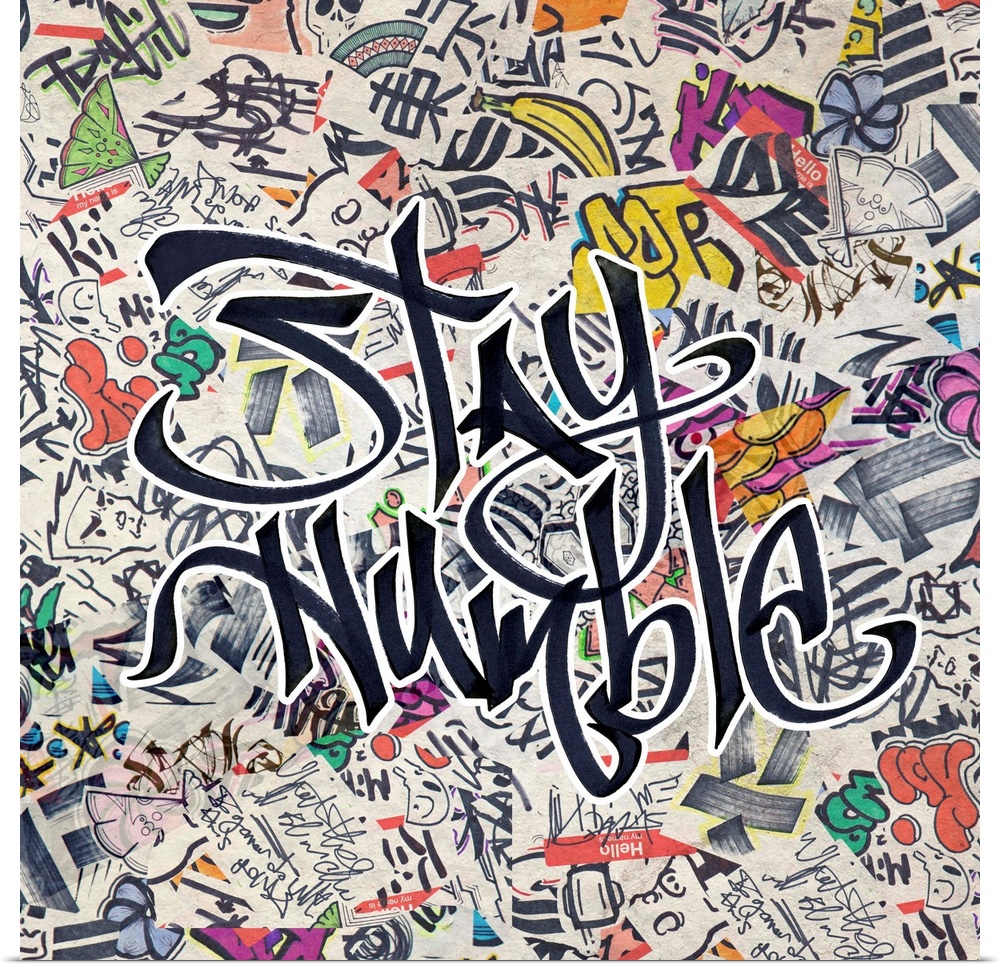 Graffiti-style lettering over a grunge background of pop stickers and symbols.