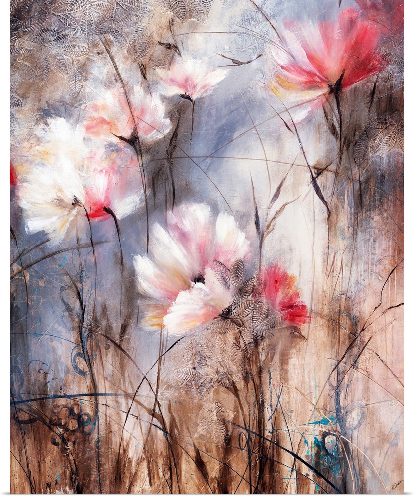 Contemporary painting of soft pale colored flowers against an abstract background.