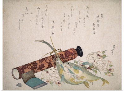Still Life: Double Cherry-Blossom Branch, Telescope, Sweet Fish, and Tissue Case