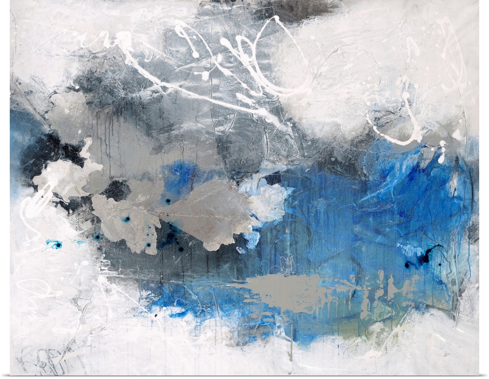 Contemporary abstract painting in white and blue, with white swirls.