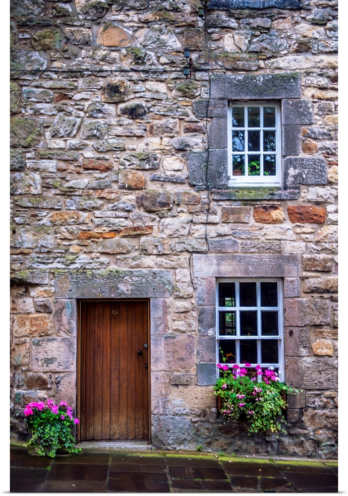 View of stonework at a residence's home in Edinburgh, Scotland.