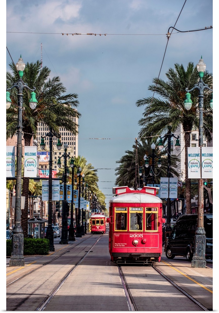 Streetcars traveling in New Orleans, Louisiana.