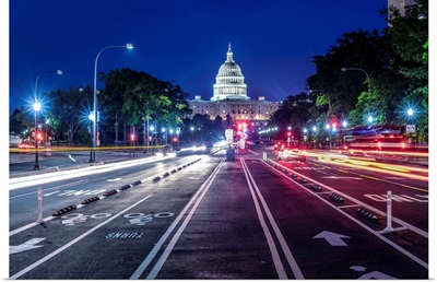 Streetview Of US Capitol Building At Night, Washington DC