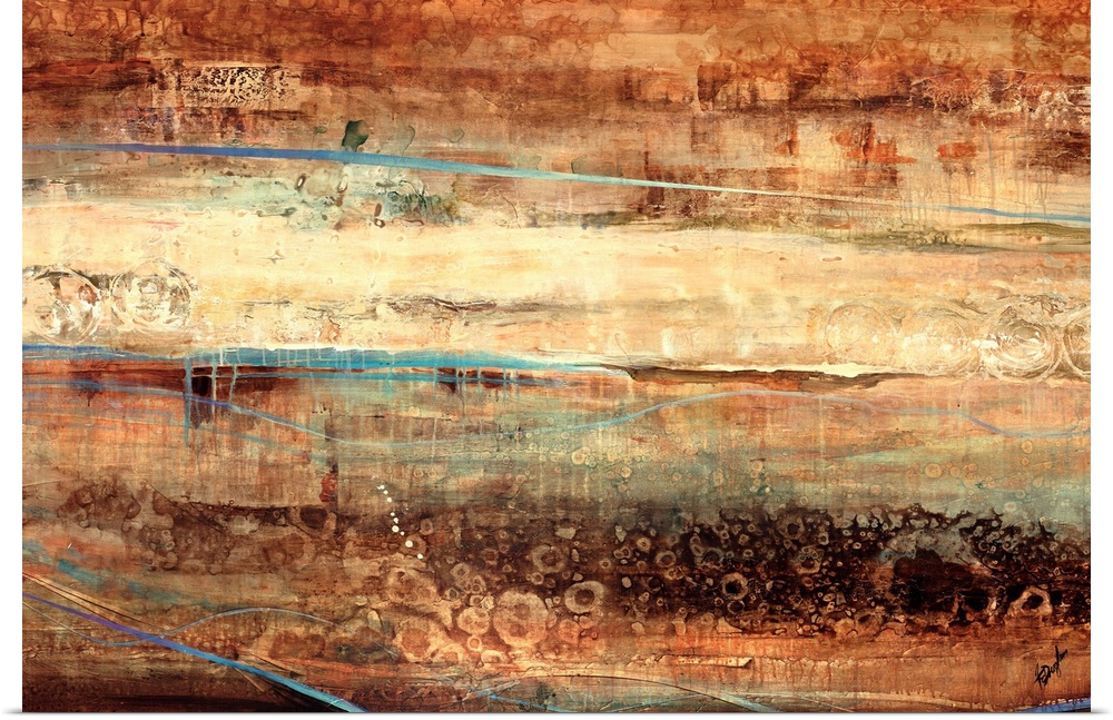 Large, landscape, abstract painting of various horizontal streaks of texture and color in earth tones, that almost appear ...
