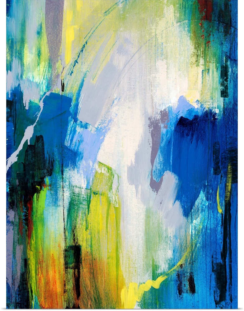 Contemporary abstract painting with bright, cool strokes of color great for home or office docor.
